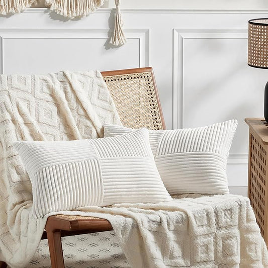 Fancy Homi 2 Packs Cream White Long Lumbar Decorative Throw Pillow Covers 16x24 Inch for Couch Bed Sofa, Rustic Farmhouse Boho Home Decor, Soft Striped Corduroy Rectangle Accent Cushion Case 40x60 cm