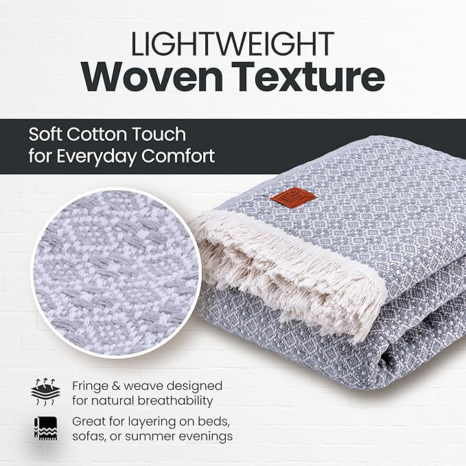 Gold Case Throw Blanket for Bed – 100% Recycled Turkish Cotton Bed Blanket – Decorative Throw Cotton Blankets for Living Room & Bedroom – Woven Twin Blankets - 71x90 - Grey