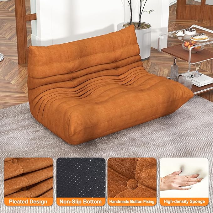 Full Foam Loveseat Sofa,Adults Bean Bag Chairs Floor Couch with Soft Waterproof Fabric,Armless Fireside Lounge Chair for Living Room,Apartment and Office (DarkOrange)