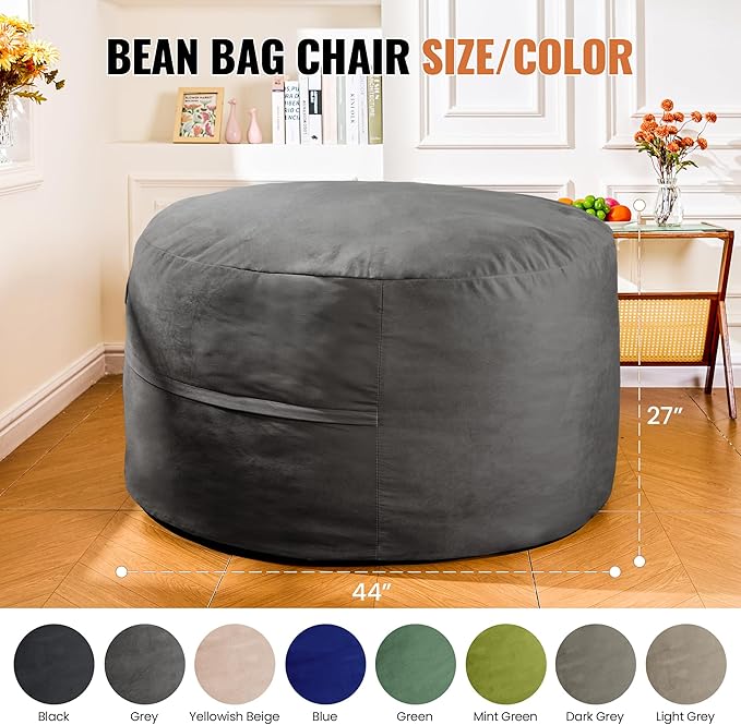 4FT Bean Bag Chair: Bean Bag with Velvet Cover, Fluffy and Comfy Bean Bag Chairs for Adults and Kids, Bean Bag Sofa Filled with High-Density Sponge for Gaming (Grey)