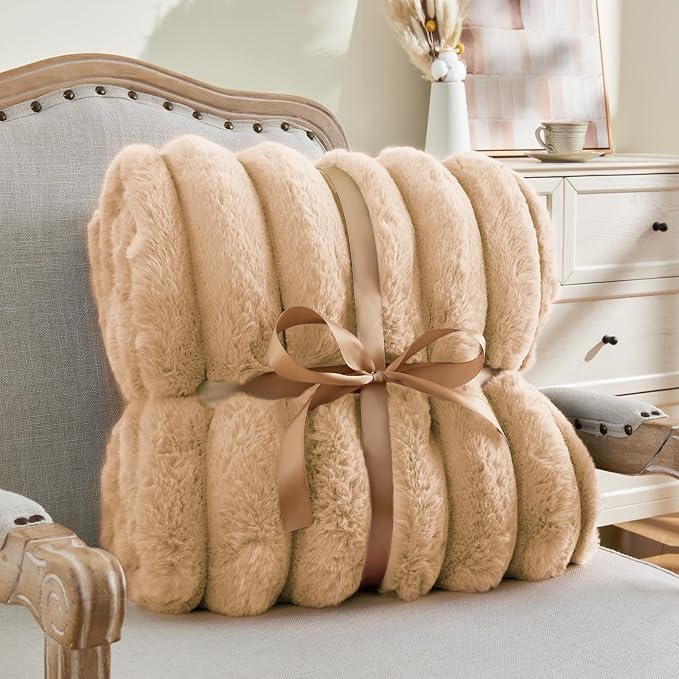 BEDELITE Faux Fur Throw Blanket for Couch, Soft and Cozy Luxurious 3D Striped Fluffy Blanket, 770GSM Thick Warm Plush Fuzzy Faux Rabbit Fur Blanket for Women Gift (Brown, 50"x 60")