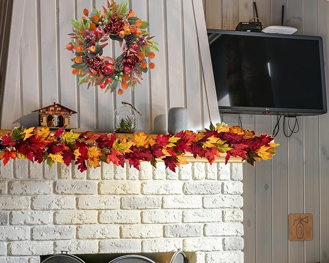 22 Inch Fall Chrysanthemum Wreath Harvest Floral Wreath with Apples Pinecones Berries and Eucalyptus Maple Leaves for Fall Thanksgiving Halloween Mantel Table Outdoor Front Door Wall Window