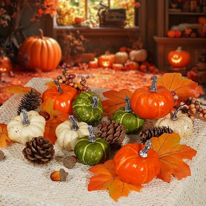 Artmag Pumpkin Decor Set, 25 PCS Fall Artificial Maple Leaves, Harvest Pumpkins, Acorns, Pine Cones and Orange Berry Stems Decorations for Fall Thanksgiving Table Decor