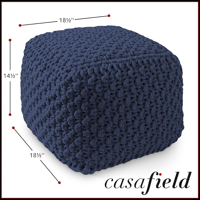 Casafield Square Pouf Ottoman, Navy Blue 18.5" W x 18.5" D x 14.5" H Cotton Knit Foot Stool - Boho Floor Pouffe for Living Room, Bedroom, Home Office