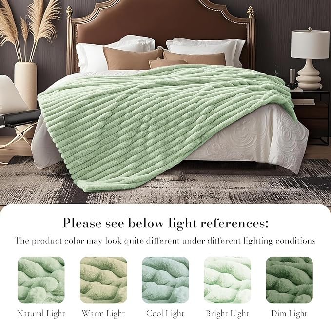 Amélie Home Faux Fur Throw Blanket for Couch, Cozy Fuzzy Fluffy Fur Luxurious Soft Striped Plush Gift Blankets for Family Sofa Chair Bed Living Room Bedroom, 55"x70", Sage Green
