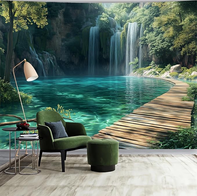 BSFHH Nature Tapestry Forest Tree Sea Cave Wall Hanging, Stream Through Rainforest Landscape Wall Art Tapestry for Bedroom Living room (Waterfall, 110" × 87", Unframed)