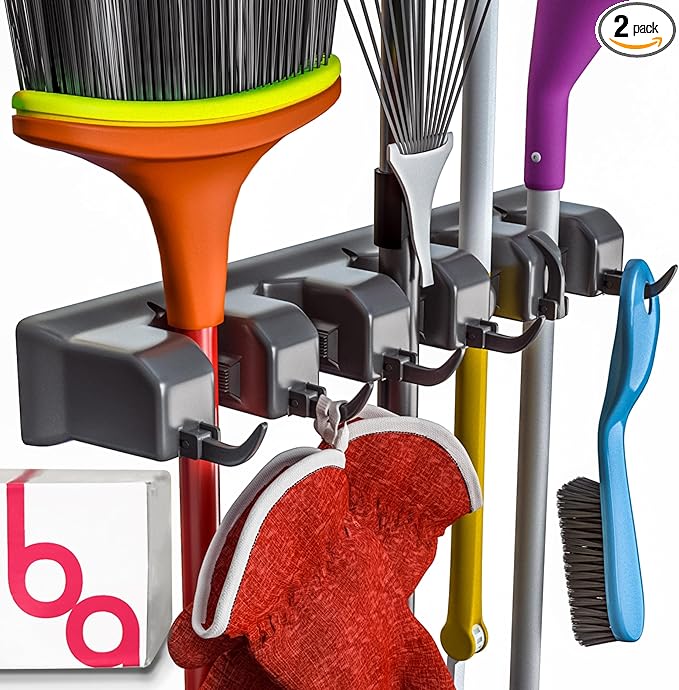 EXTRA GRIP Mop & Broom Holder Wall Mount - Wall Hanging Garden Tool & Utility Closet Organizer, Mop & Broom Hook, Broom Hanger Wall Mount, Mop Broom Organizer, Wall Mounted Broom Rack Mop Storage