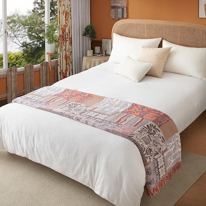 Boho Throw Blanket Full Size, Extra Large Soft Cozy Cotton Muslin Quilt Blanket for Bed Decor, Patchwork Block Couch Sofa Chair Cover, Vintage Farmhouse Cottage Woven Blanket, Red&Orange