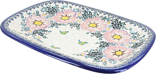 Blue Rose Polish Pottery Apple Blossom Large Rectangular Serving Platter