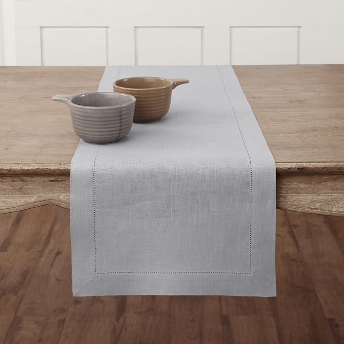 Solino Home Linen Soft Grey Table Runner 36 Inches - Classic Hemstitch, 100% Pure Linen Coffee Table Runner 14 x 36 Inch Ideal for Dresser Tables - Fall, Autumn, Halloween, Thanksgiving