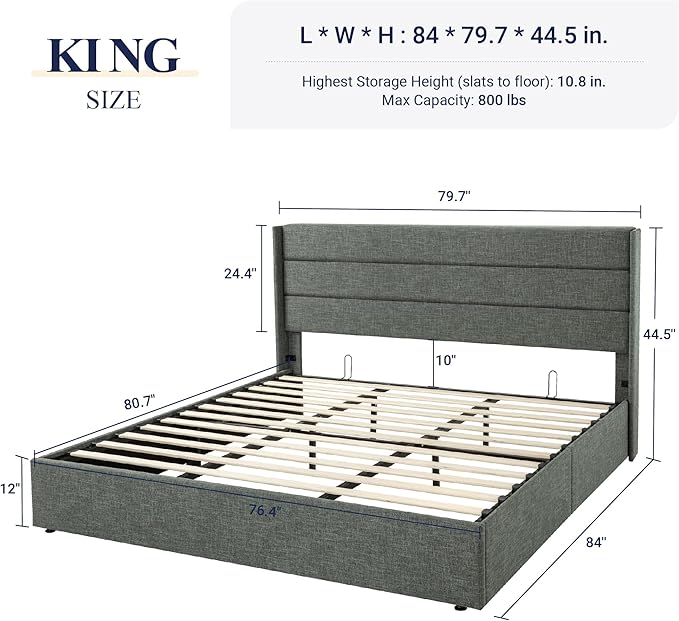 Allewie King Size Lift Up Storage Bed, Modern Wingback Headboard, Hydraulic Support, No Box Spring Needed, Dark Grey