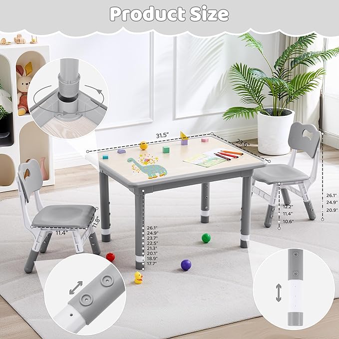 Kids Table and 2 Chairs Set, Height Adjustable (17.7"-26.1") Toddler Table and Chair Set, Multi-Activity Table with Graffiti Desktop, Children’s Table and Chairs for Classroom, Home & Daycare