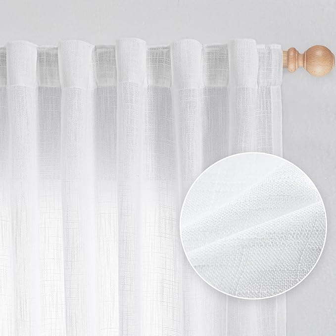 MYSKY HOME White Curtains 84 Inch Length 2 Panels Set, Semi Sheer Cotton Blend Soft Touch Light Filtering Drapes for Doorways Sliding Glass Door, 50" Wide per Panel, White, 2 PCs