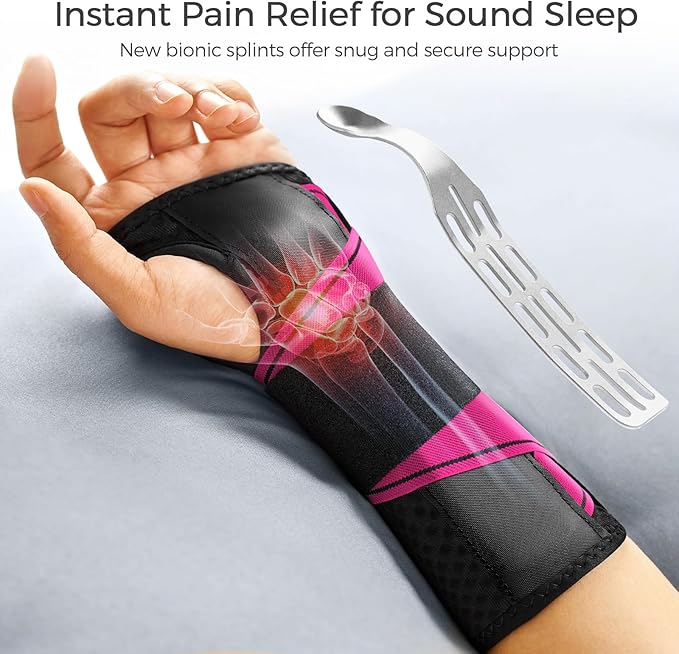FREETOO Carpal Tunnel Wrist Brace Night Support Fit Right Hand for Work, Pain Relief Wrist Splint for Tendonitis, Sprain, Strain, Rigid Hand Brace for Arthritis for Women and Men (S/M, Black/Pink)