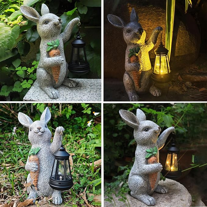 Garden Statues Rabbit Solar Lantern Outdoor Handmade Resin Statue Bunny with Cute Carrot for Patio, Yard,Mother's Day Gift Ideas (rabbit1)