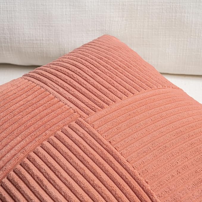 Fancy Homi 2 Packs Coral Decorative Throw Pillow Covers 20x20 Inch for Living Room Couch Bed Sofa, Rustic Farmhouse Boho Home Decor, Soft Corss Corduroy Patchwork Accent Peach Cushion Case 50x50 cm