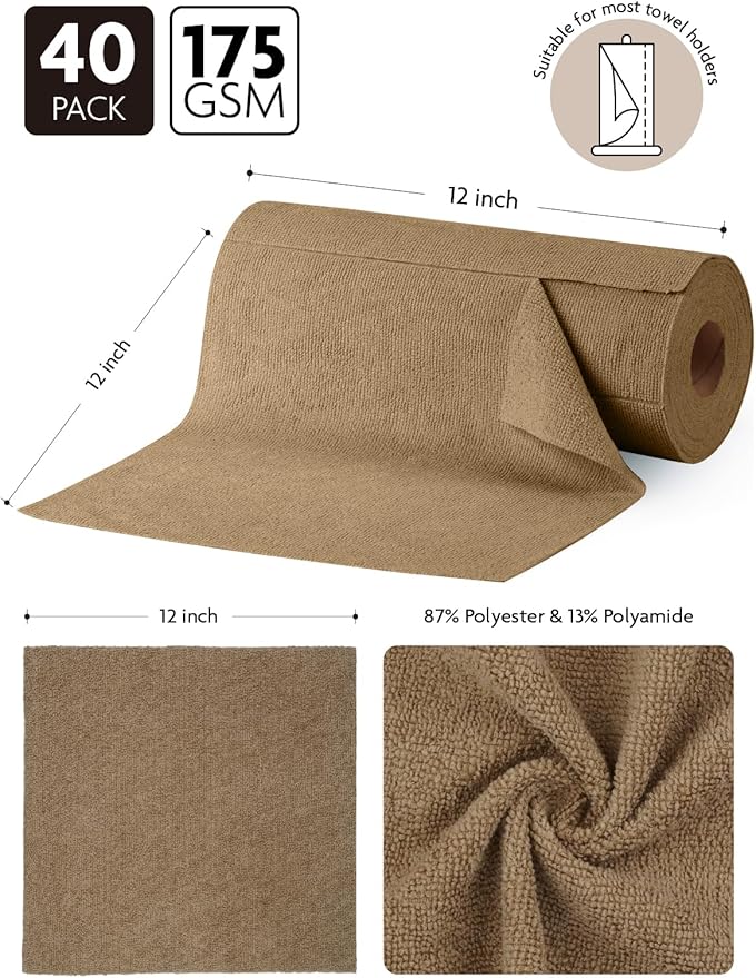 Fantasticlean Microfiber Cleaning Cloth Roll -40 Pack, Tear Away Microfiber Towels, 12" x 12", Reusable, Washable, Scratch Free, Ultra Absorbent Dish Rags for Car, Home, Garage or Shop (TAN)