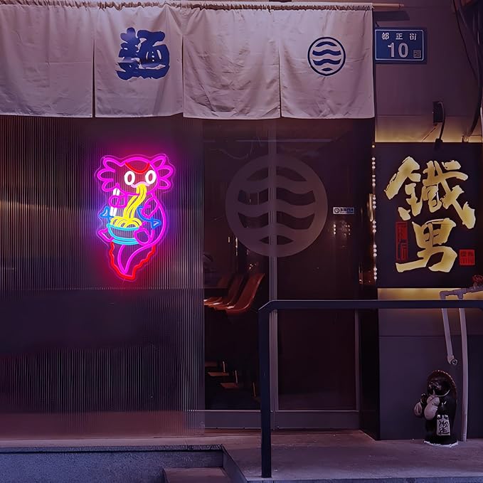 Axolotl Ramen Neon Sign for Wall Decor Dimmable Axolotl Eating Noodles LED Neon Light Cut Japanese Neon Sign Anime Neon Signs for Japan Restaurant, Home Wall Art and Kitchen Decor(15.7 * 9.7inch)