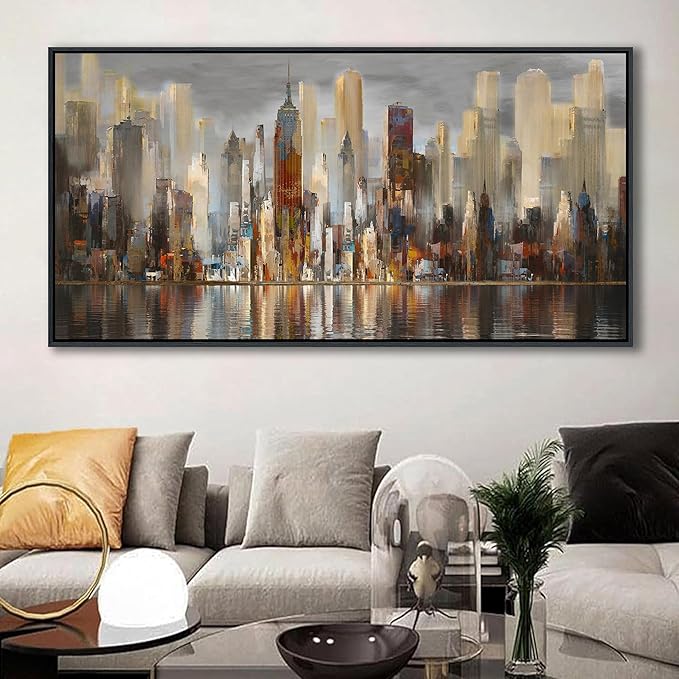 Abstract Brown New York City canvas Wall Art Framed Large Wall Art for Living Room Modern Paintings for Bedroom Cityscape New York Wall Decor Artwork Wall Pictures for Office and Bedroom 24×48in