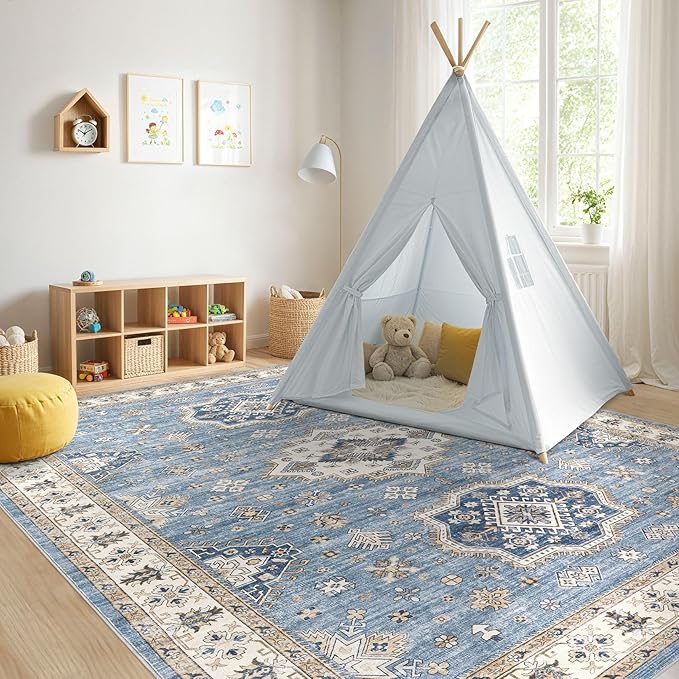 Washable Area Rugs for Living Room - 5x7 Neutral Vintage Distressed Floral Farmhouse Boho Large Soft Floor Rug Indoor Non Slip Carpet for Living Room Bedroom Dining Room Office - Blue