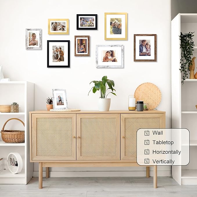 5x7 Picture Frame Set of 4, 5 x 7 Wood Photo Frames with Mat for 4x6, Wooden Frame with Real Glass Cover for Wall and Tabletop Display,Gold