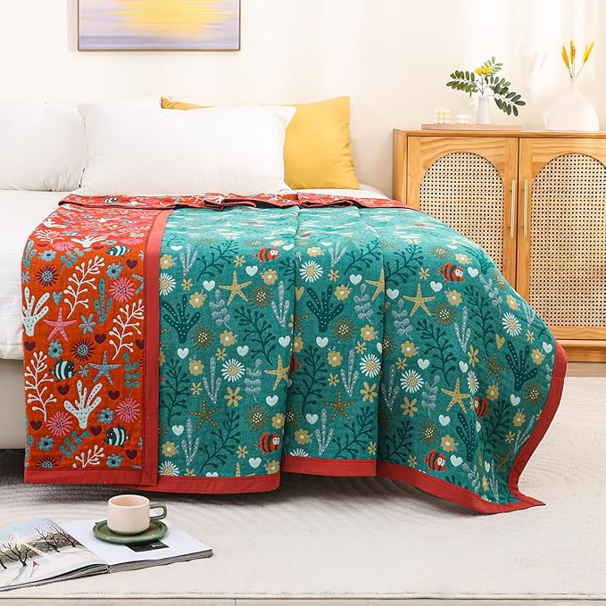 Boho Throw Blanket 90''x98'',100% Cotton Blankets for Couch Bed,Cotton Quilt Travel Muslin Blankets Farmhouse Home Decor Soft Lightweight Picnic Blanket