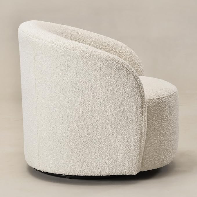 KINWELL Sherpa Swivel Barrel Chair & Round Ball Pillow Set - 34" Wide Modern Boucle Accent Chair with 9” Matching Nordic Decorative Throw Pillow for Living Room and Bedroom(Cream)