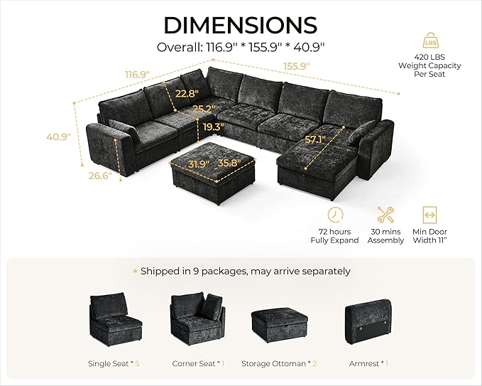 Oversized Modular Sofa Comfy Cloud Couch with Storage, Extra Deep Plush Sectional Sofa Set for Living Room, Covers Washable, Chenille, Olar (Black, 8-Seater with Corner & 2 Ottomans, u-Shaped)