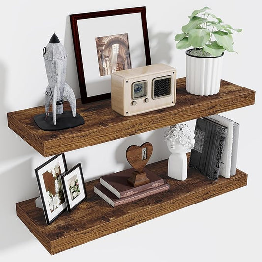 Fun Memories Floating Shelves for Wall, 32 Inch Long Floating Shelves Set of 2, 32 x 10 Wooden Shelves for Wall, Large Storage Shelves, Hanging Shelves for Bathroom Kitchen Bedroom, Rustic Brown