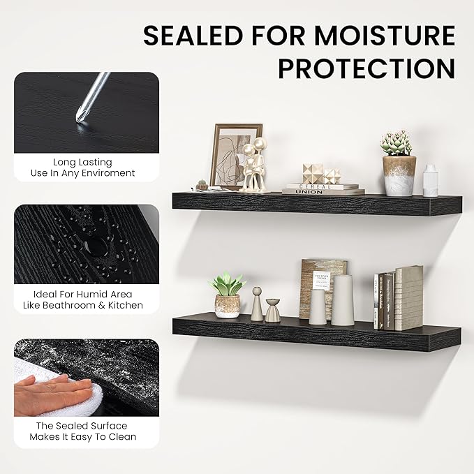 Floating Shelves for Wall, 40" W x 8" D x 1.5" H, Wooden Wall Mounted Display Shelves with Invisible Brackets for Living Room, Bedroom, Bathroom, Kitchen Decor and Storage, Set of 2, Black