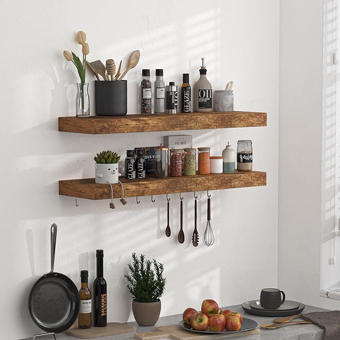 Floating Shelves - 2 Pack 9 Inch Rustic Wooden Wall Shelves - Extra Deeper & Thicker Wall Mounted Storage Shelf for Living Room, Kitchen, Farmhouse - 24" W x 9" D x 1.6" H - Rustic Brown