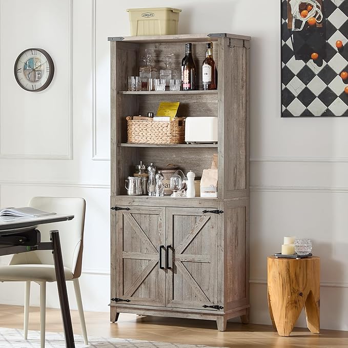 70in Tall Bookshelf 5 Tier Bookcase with Barn Doors and Adjustable Shelves, Grey Farmhouse Book Shelf with Storage Cabinet, Wood Freestanding Display Bookshelves for Bedroom, Living Room