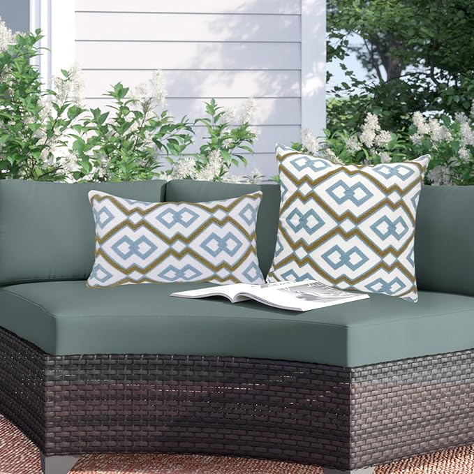 Alysheer Embroidered Lumbar Decorative Throw Pillow Cover 12"x 20", Classic Boho Geometric Embroidery Pattern Cotton Rectangular Cushion Case for Sofa Couch Living Room Bedroom (Blue Khaki)