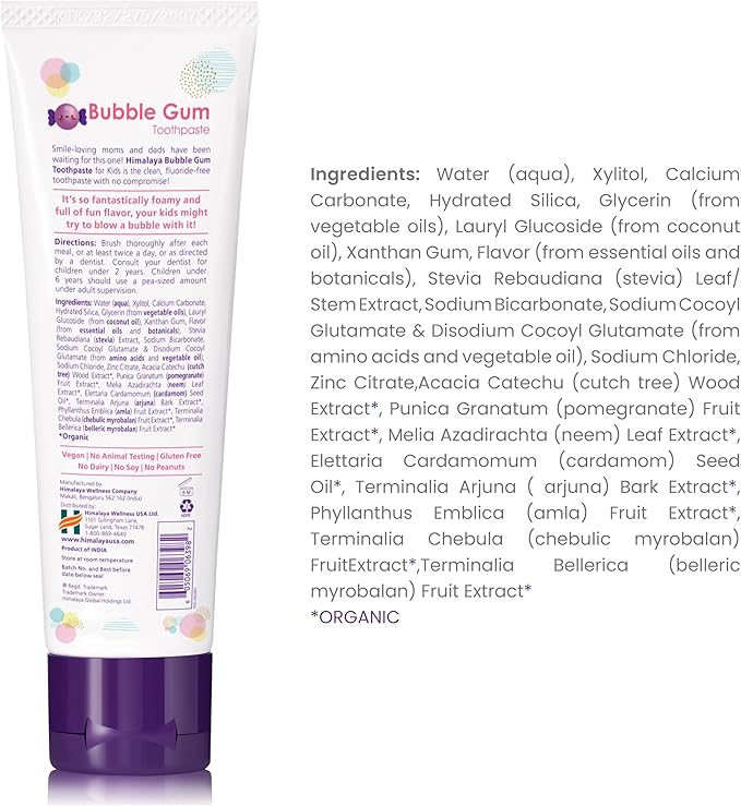 Himalaya Botanique Kids Toothpaste with Xylitol, Bubble Gum Flavor - Gentle Fluoride Free Toothpaste - Vegan, Gluten Free, SLS Free, No Artificial Flavors or Colors, 4 oz