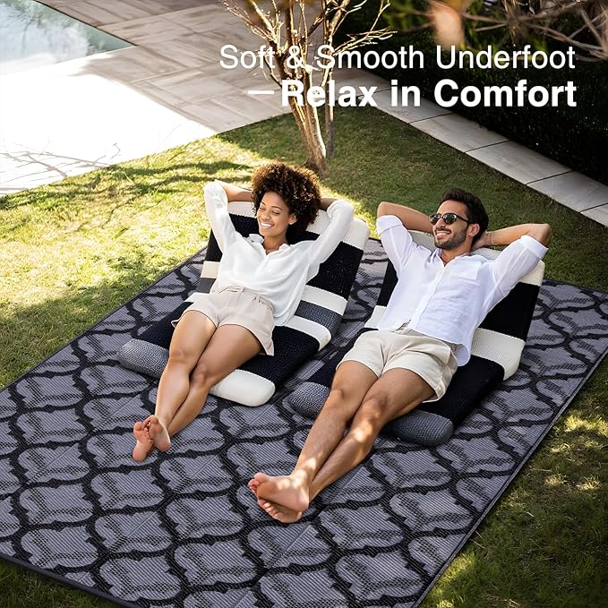 OLANLY Reversible Outdoor Rug 9x12 ft Clearance, Waterproof Outdoor Plastic Straw Rug with Interlacing Pattern, RV Mat for Patio, Camping, Balcony, Deck, Backyard, Black & Grey