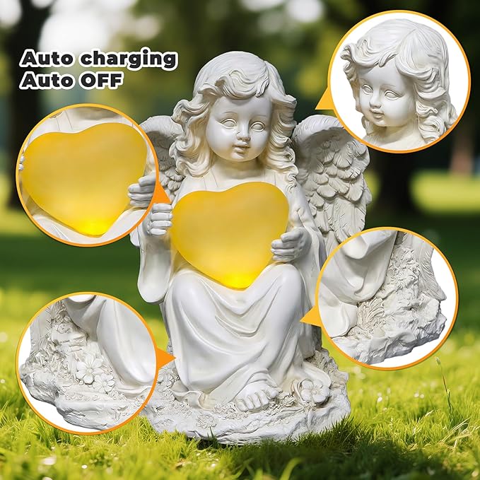 Angel Statues for Garden, Solar Angels for Outside with Glowing Heart & Cemetery Decorations for Grave, Yard Art Patio Balcony & Lawn Ornaments Gifts for Mom Grandma Women