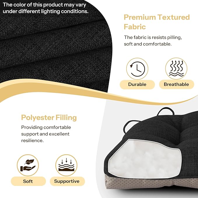 Non Slip Chair Cushions for Dining Chairs Set of 4 Kitchen Chair Cushions 18"x18"x3" Turfted Chair Pads Comfortable and Soft Seat Cushion with Ties, Black