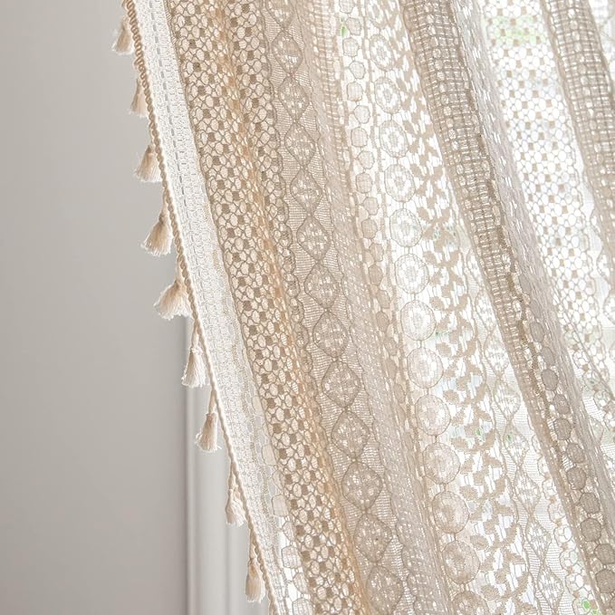 Sutuo Home Beige Boho Curtains Crochet Lace Semi-Sheer Bohemian Hollow Knitted Handmade Tassels, Rod Pocket Window Treatment Vintage Rustic Farmhouse Drapes for Glass Slide Door, 1 Panel 59" W x 90" L