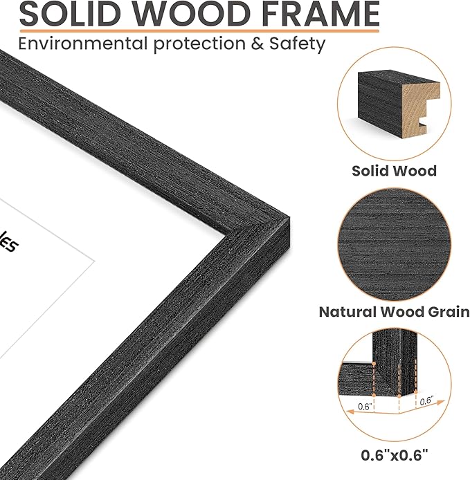upsimples 11x14 Picture Frame, Natural Solid Wooden Picture Frames, Display 8x10 with Mat or 11 x 14 Without, Vertical or Horizontal Wall Hanging, 1 Pack, Black