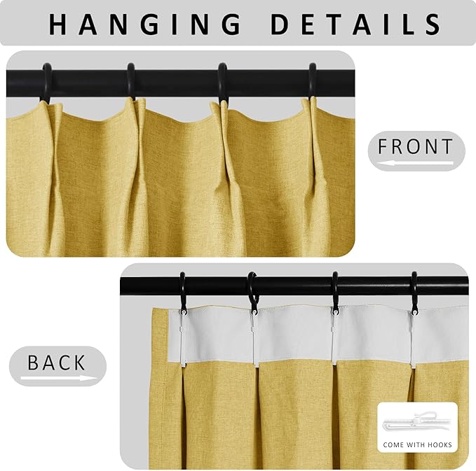 Macochico 100% Blackout Pinch Pleated Linen Curtains Thermal Window Treatments Sound Reducing Curtains for Bedroom Living Room Yellow Farmhouse Burlap Drapes with Tieback 52”Wx63”L 1 Panel