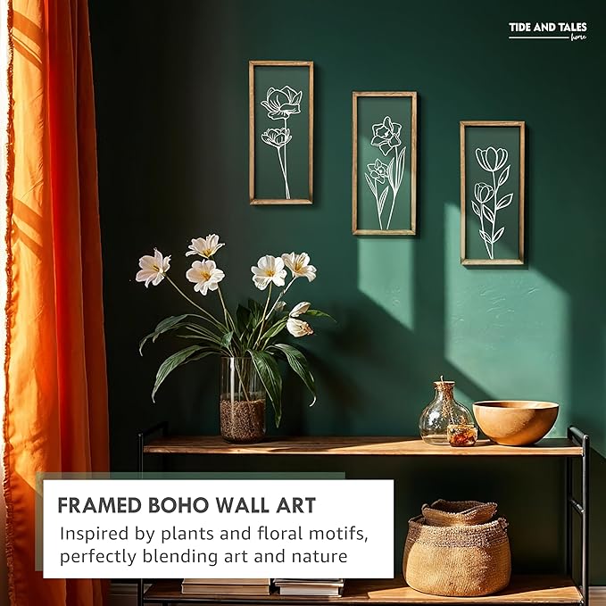 3D Floral Green Wall Art (Set of 3) Lightweight, Wooden Ready-to-Hang Boho Framed Wall Art for Bathroom, Master Bedroom, Living Room or Office - Premium Sage Green Farmhouse Decor - Gift-Boxed