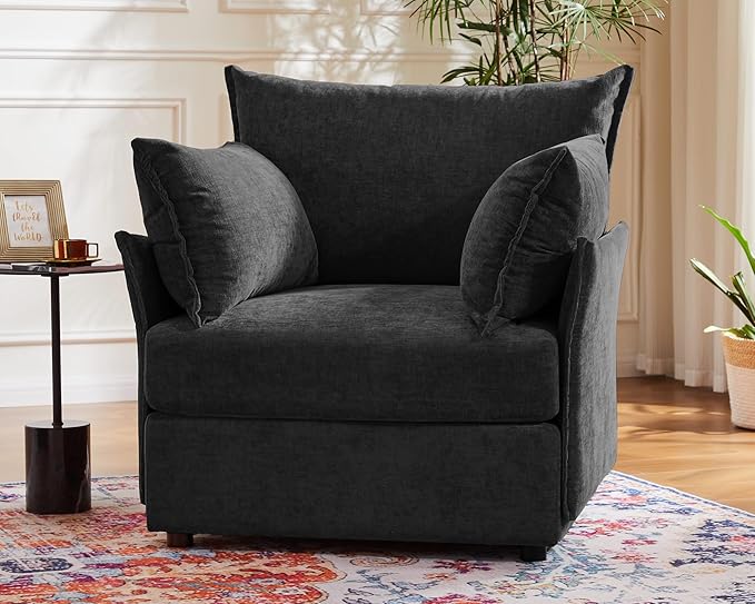 Oversized Accent Chair, Upholstered Modern Sofa Chair with Removable Backrest & Detachable Cover, 24.5" Deep Seat Large Reading Armchair for Living Room Bedroom Office - Chenille Black Set of 1