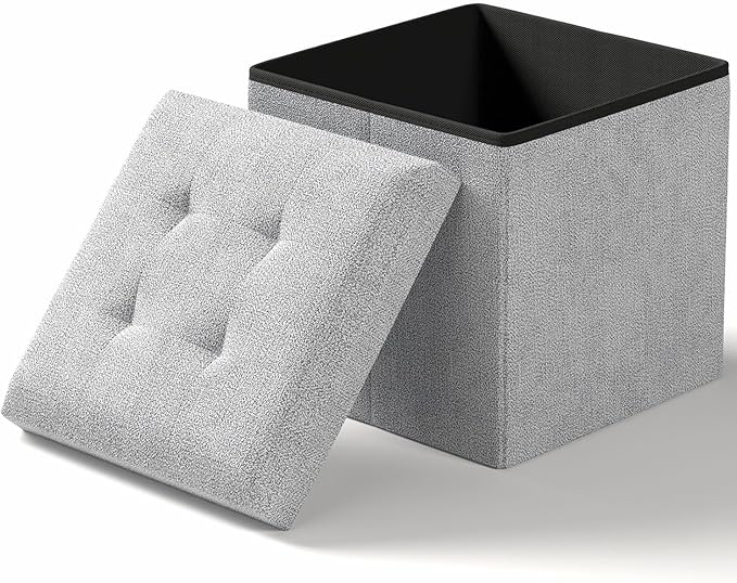 15 Inches Small Folding Storage Ottoman Cube, Storage Footrest, Foot Rest Stool, for Living Room, Bedroom, Dorm, Hallway, Entryway, Light Gray