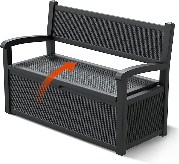 70 Gallon Outdoor Storage Box, Resin Patio Furniture with Armrest, Lockable Deck Box with Waterproof and UV Resistant for Patio Cushions, Garden Tools and Pool Supplies, Black
