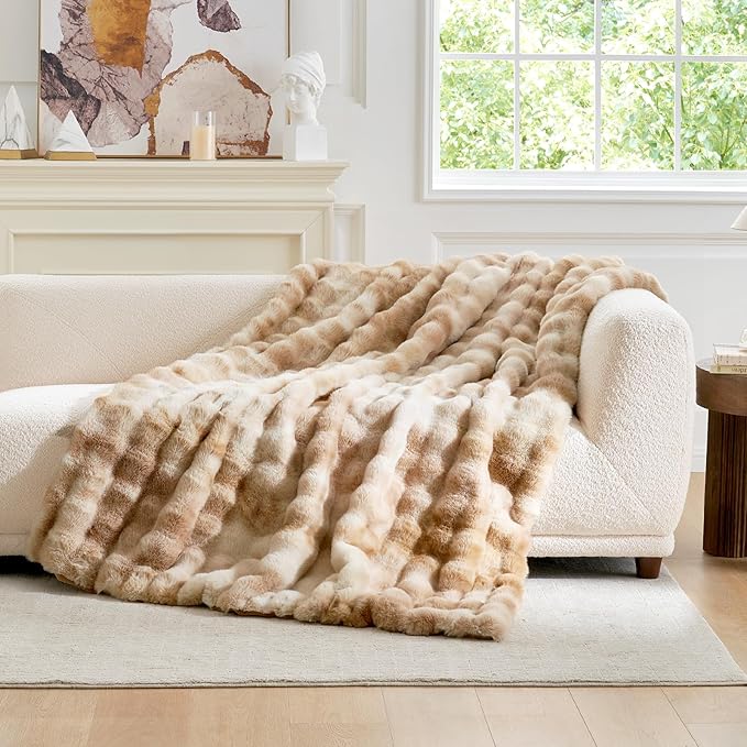 Cozy Bliss Faux Fur Throw Blanket for Couch, Fuzzy Soft Plush Thick Bubble Blanket for Sofa Bedroom Living Room, 60 * 80 Inches Tie-dye Beige