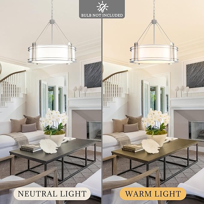 20.4''Drum Chandelier,5-Light Brushed Nickel Modern White Fabric Chandeliers,Farmhouse Round Pendant Light Fixture for Dining Room Kitchen Island Living Room Bedroom Hallway