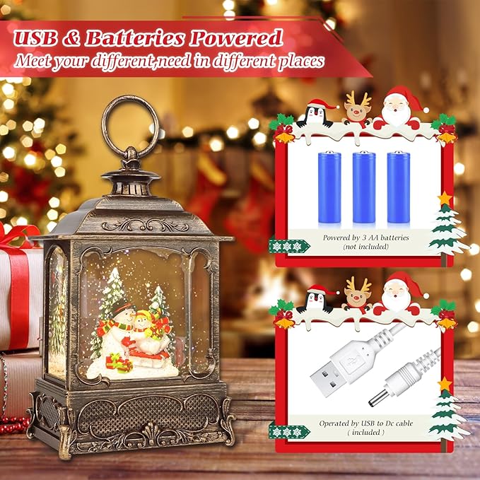 Christmas Snow Globes,Christmas Decorations for Home,with 6 Hour Timer,Musical Snow Globe,Battery Or USB Powered,Christmas Lantern,Christmas Festival Decor, Snowman Skiing