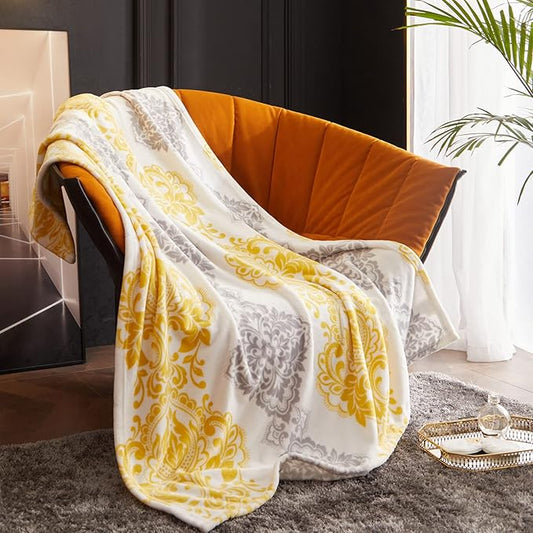CASAAGUSTO Boho Throw Blanket - Yellow and Gray Damask Decorative Blankets with Tassel, Printed Flannel Bohemian Blanket for Chair, Bed, Sofa, Couch(50 * 60, Yellow and Gray Damask)