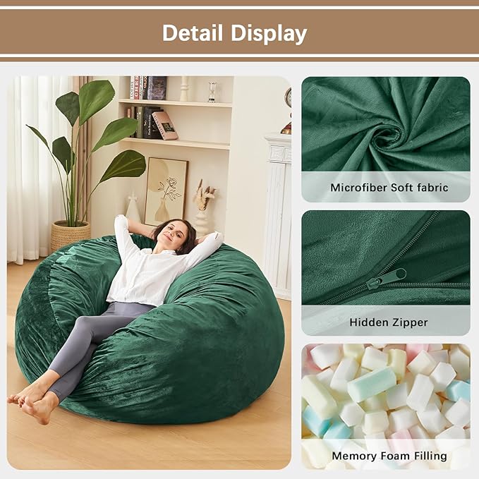 Bean Bag Chairs for Adults - Memory Foam Furniture BeanBag Chair - Kids/Teens Sofa with Soft Micro Fiber Cover - Round Fluffy Couch for Living Room Bedroom College Dorm - 3 ft, Green