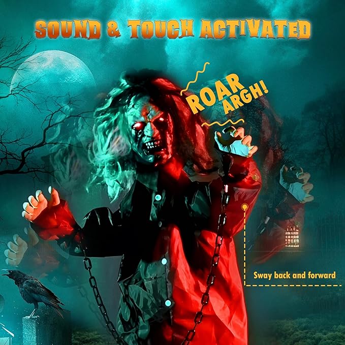 AW Animated Halloween Decorations,Scary Zombie Props 5.5 Ft Full Life Size with Motion/Sound Activated Glowing Eyes Horror Party Haunted House Outdoor Indoor Decorations 2025